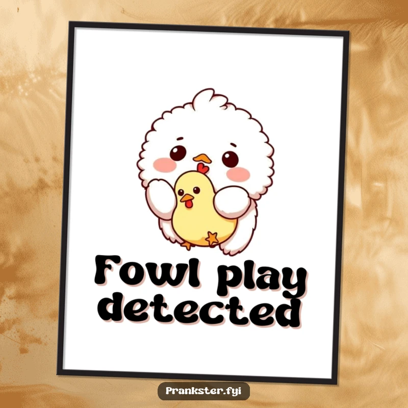 Funny digital art print of a small fluffy creature dropping a tiny rubber chicken, ready to instantly add a touch of playful absurdity and humor.