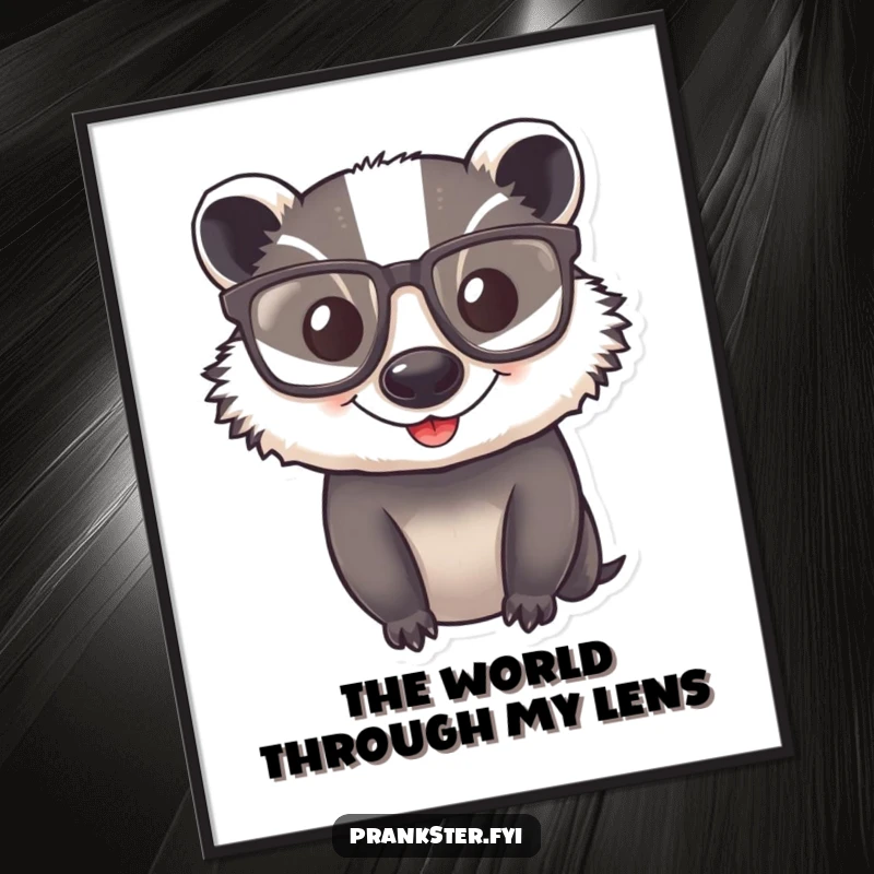 Funny Digital Art Print of a happy badger wearing comically large glasses, conveying intelligence and lighthearted fun.