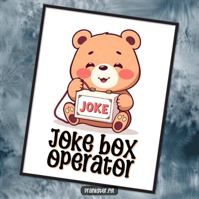 Funny digital art print of a smiling bear playfully tapping a string to a joke box. Humorous and comical.