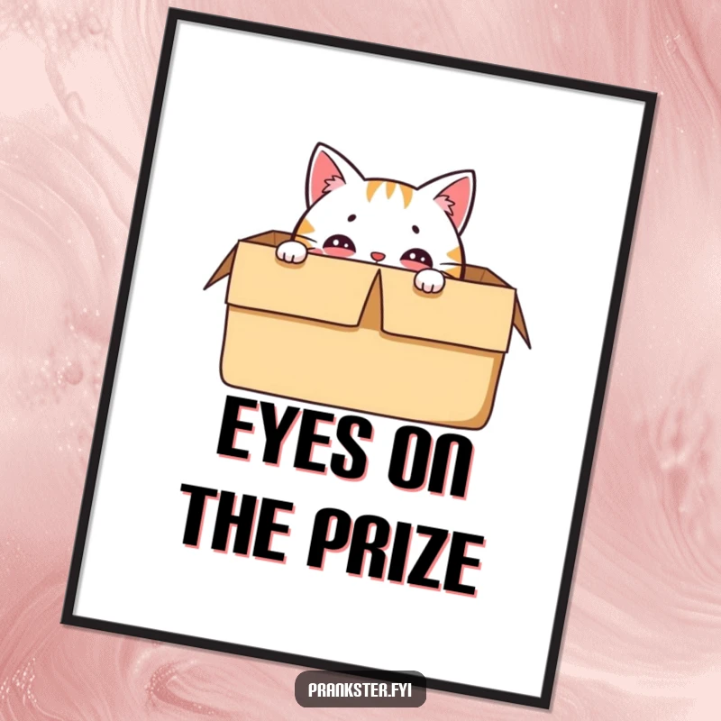 Funny digital art print of a delighted cat character hiding in a box, with only its eyes visible.