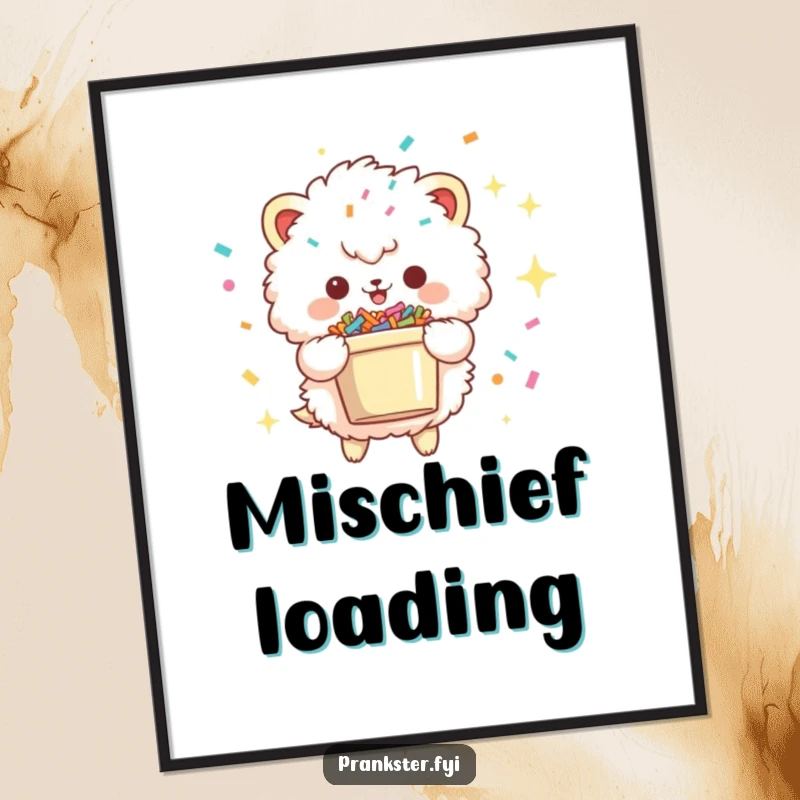 Funny digital art print of a fluffy creature with a mischievous sparkle, holding a bucket of confetti, ready to instantly brighten any digital display.