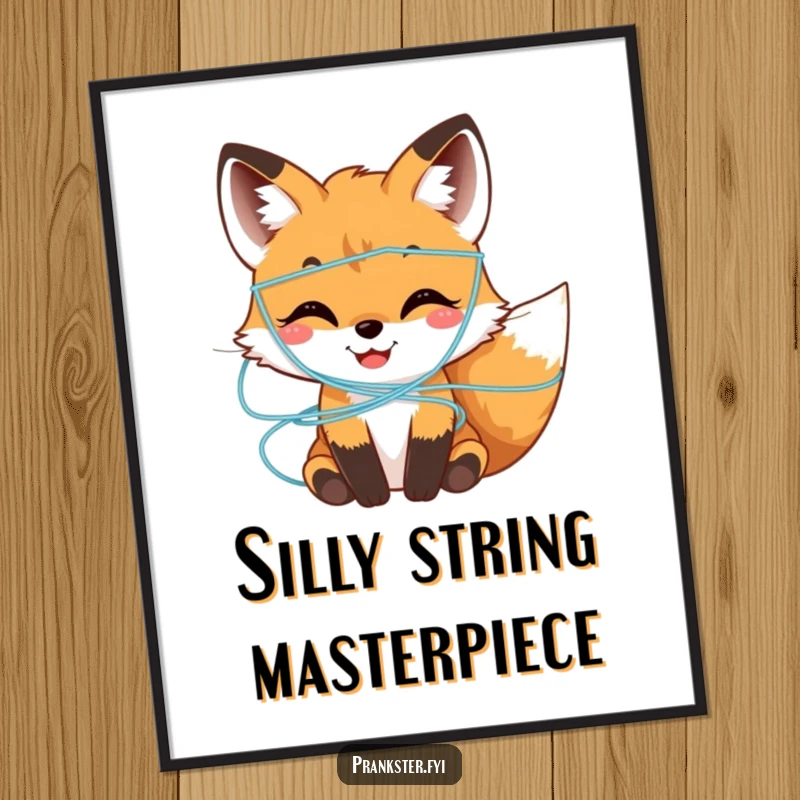 Funny Digital Art Print of a smiling fox cub playfully covered in colorful, harmless silly string, conveying pure fun.