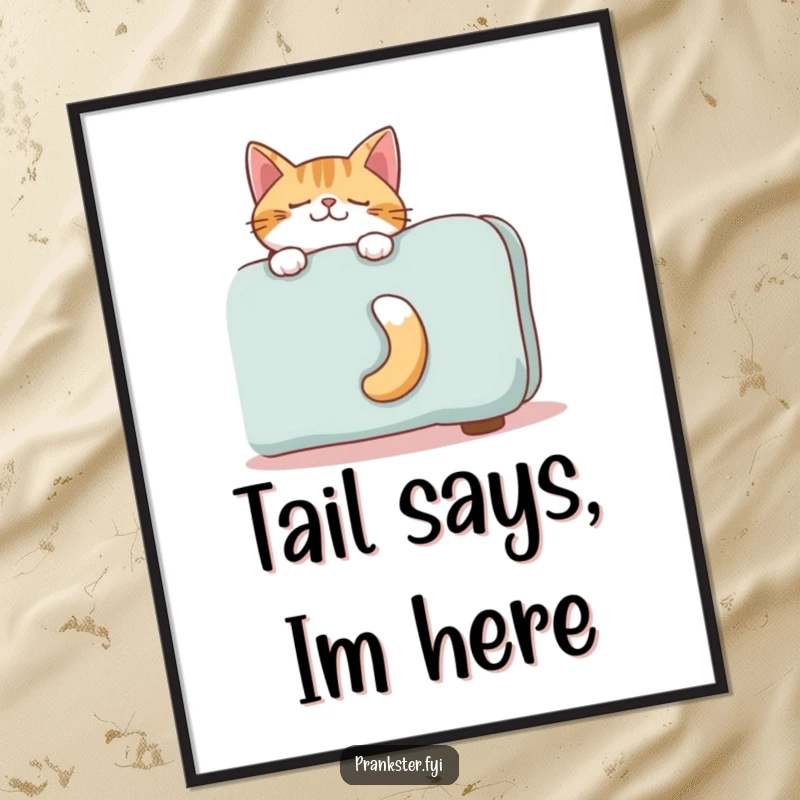 Funny digital art print of a giggling cat's tail emerging from behind furniture, symbolizing playful secrets.
