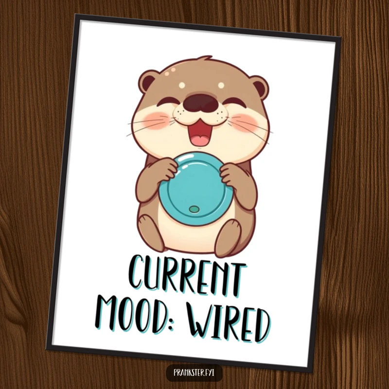 Funny digital art print of a delighted otter joyfully buzzing with a joy buzzer, radiating infectious laughter and playful energy.