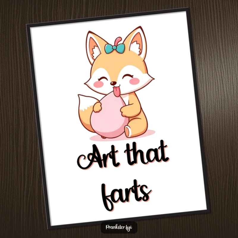 Funny Kawaii Fox Digital Art sticking its tongue out and holding a whoopee cushion, high-resolution print to instantly add mischievous humor and cuteness to any display.
