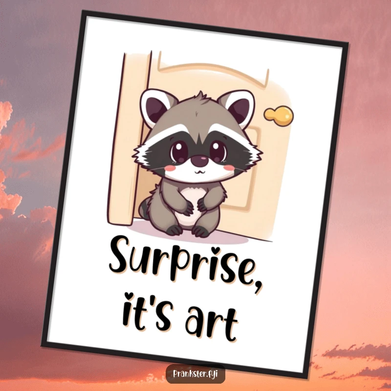 Funny Kawaii Raccoon Digital Art hiding with a playfully surprised expression, high-resolution print to instantly add cute surprise and humor to any digital device or wall.
