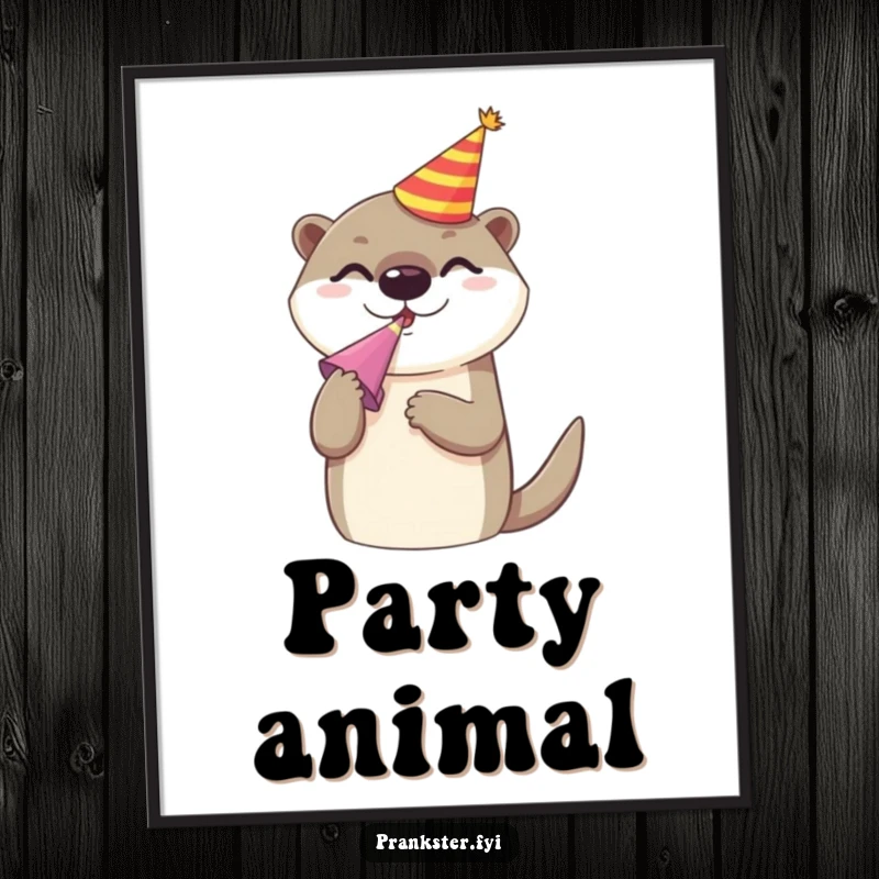 Funny digital art print of a cheerful otter wearing a party hat and blowing a noise maker, capturing a moment of pure party joy.