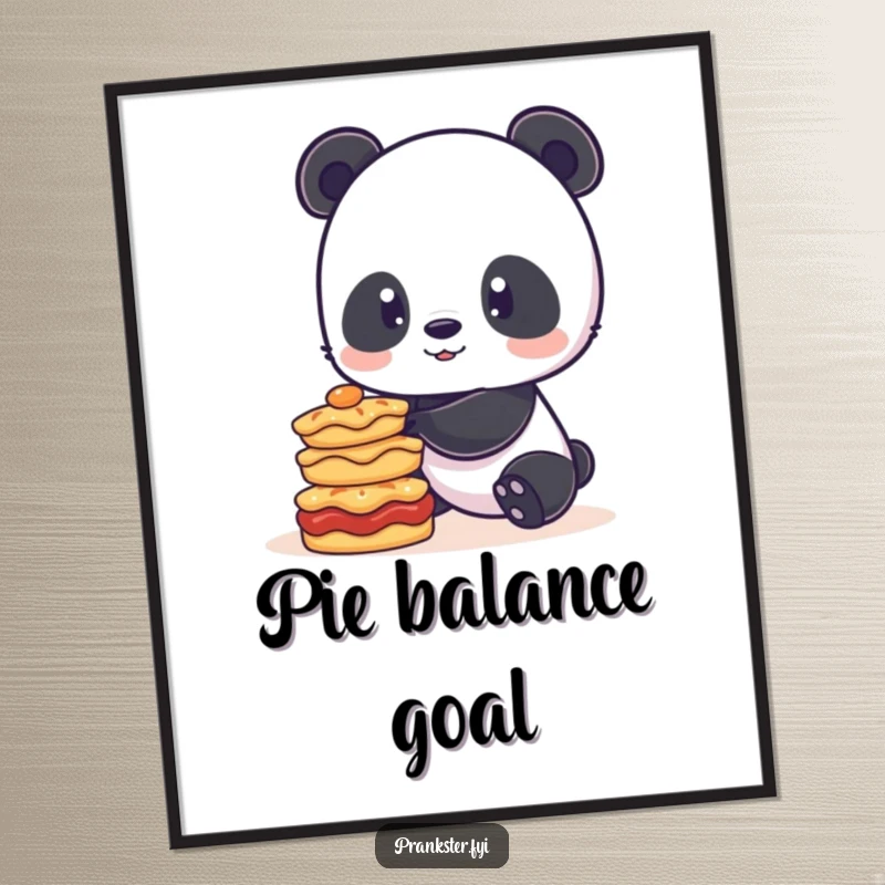 Funny digital art print of a playful panda attempting to balance a precarious stack of pies, creating a humorous and charming visual.