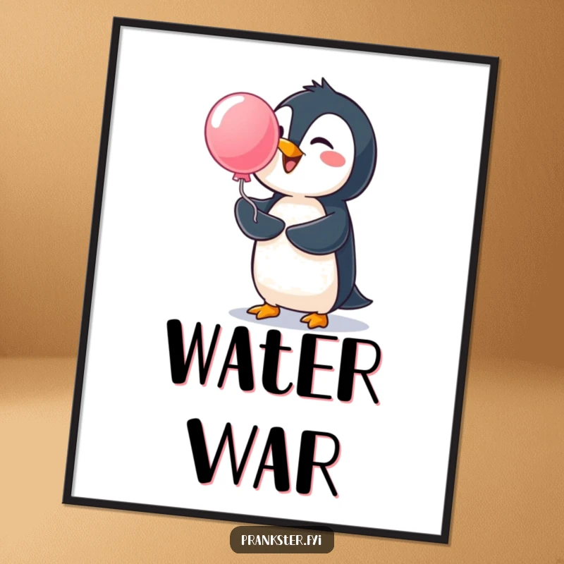 Funny penguin digital art print, cheerful penguin launching a water balloon, instant download for humorous decor.