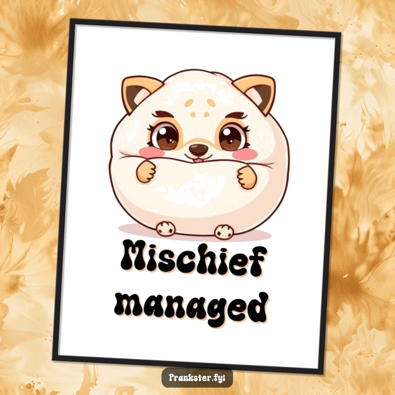 Funny digital art print of a cheeky animal hiding behind a giant whoopee cushion, its eyes wide with mischief, ready to prank.