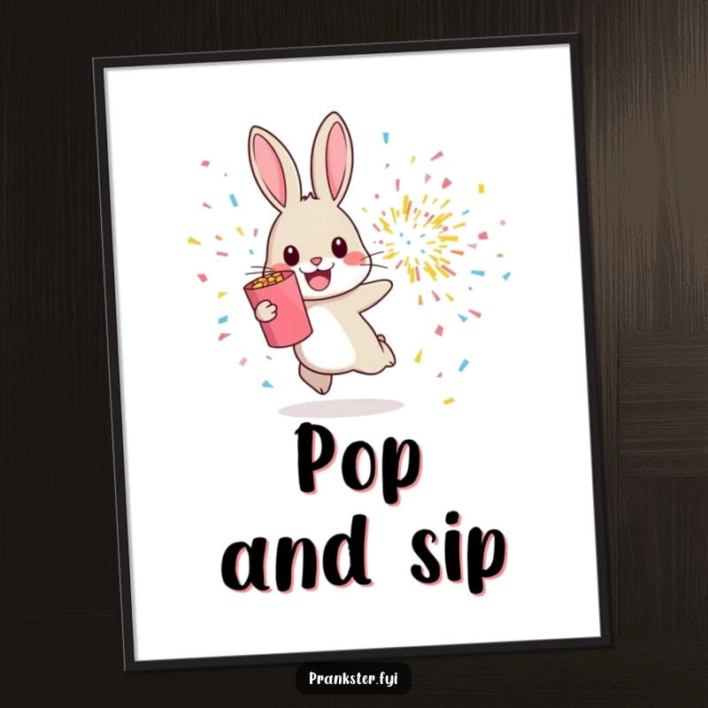 Funny digital art print of a cheerful rabbit hopping away from an exploding confetti popper, radiating festive energy.