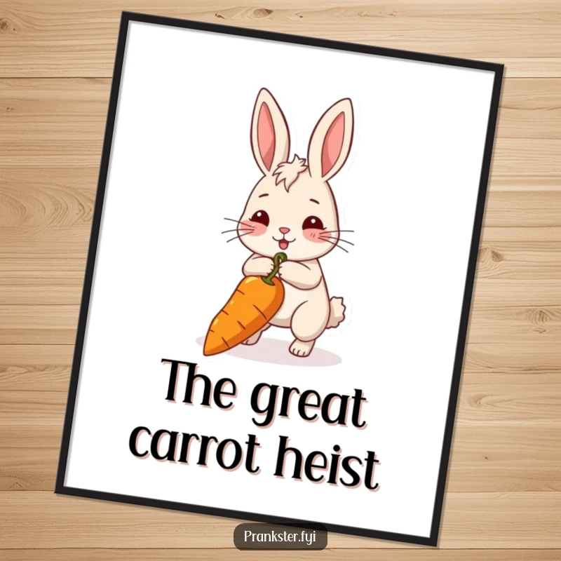 Funny rabbit digital art print of a rabbit pulling a long string attached to a carrot, symbolizing persistence. Motivational decor.