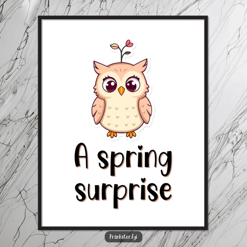 Funny digital art print of a shocked owl with wide eyes and a spring popping from its hat, ready to be printed and framed.