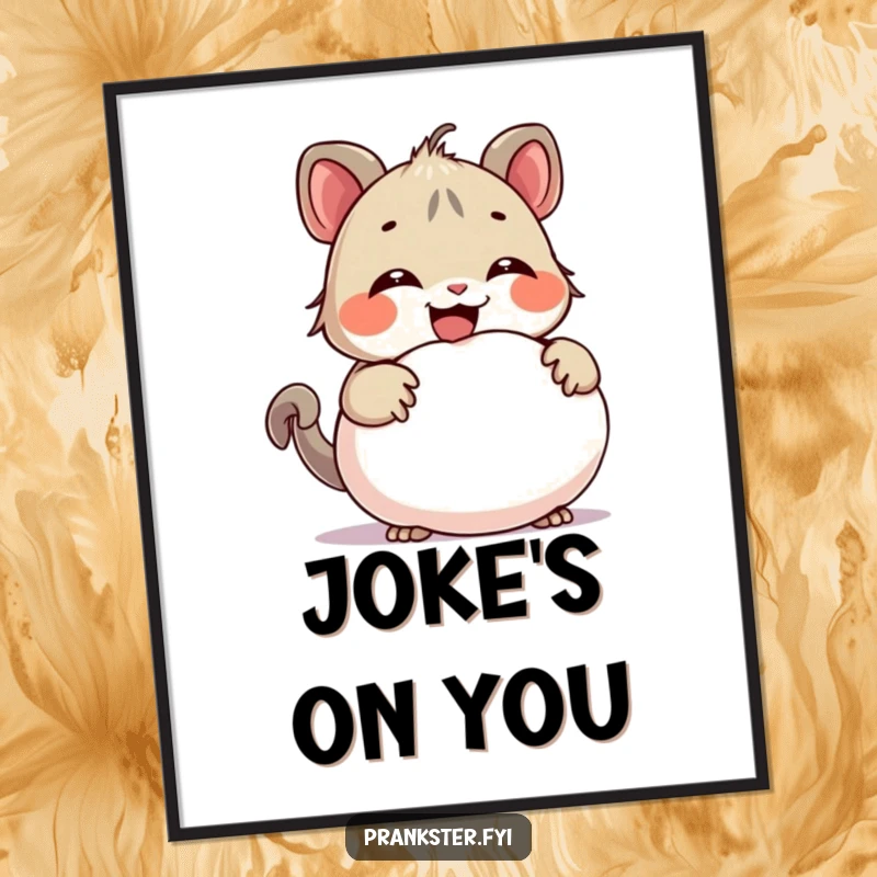 Funny digital art print of a giggling creature hiding a whoopee cushion, ready to instantly add a mischievous and humorous element to any display.