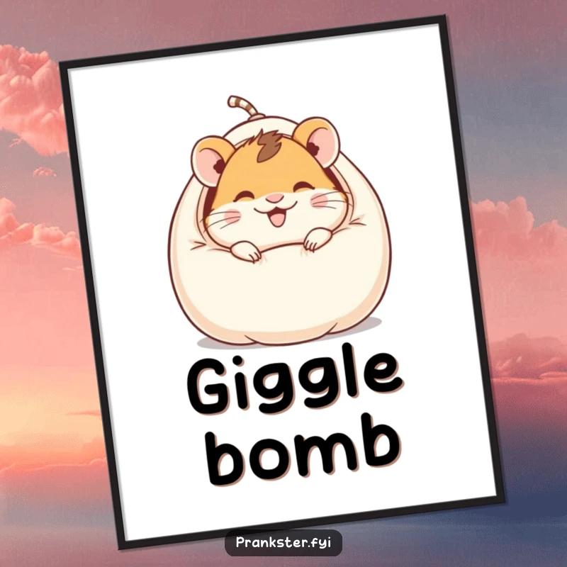 Funny digital art print of a giggling hamster character emerging from a whoopee cushion, perfect for hilarious prankster decor.