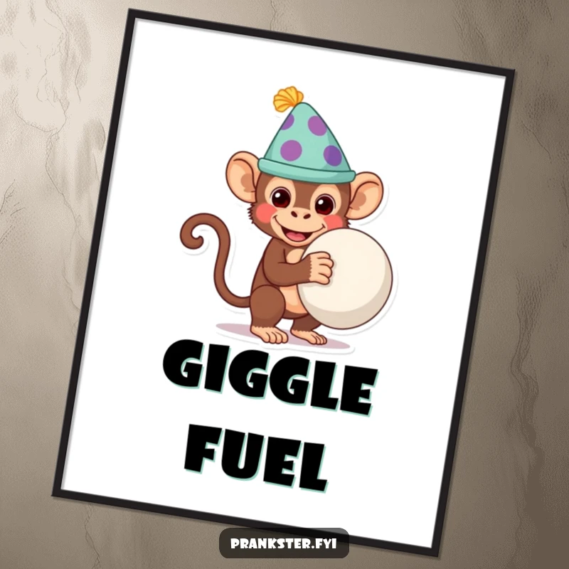 Funny monkey wearing a silly hat, hiding a whoopee cushion, as a vibrant digital art print.