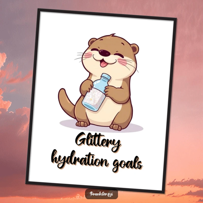 Funny otter mischief digital art print, a giggling otter playfully swapping a bottle of glitter for a bottle of water, creating a humorous and sparkly vibe.