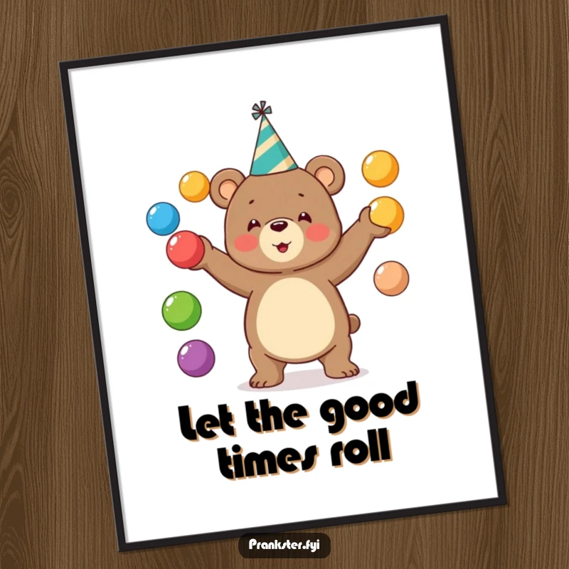 Funny bear digital art print of a bear in a party hat juggling colorful balls. Festive decor.
