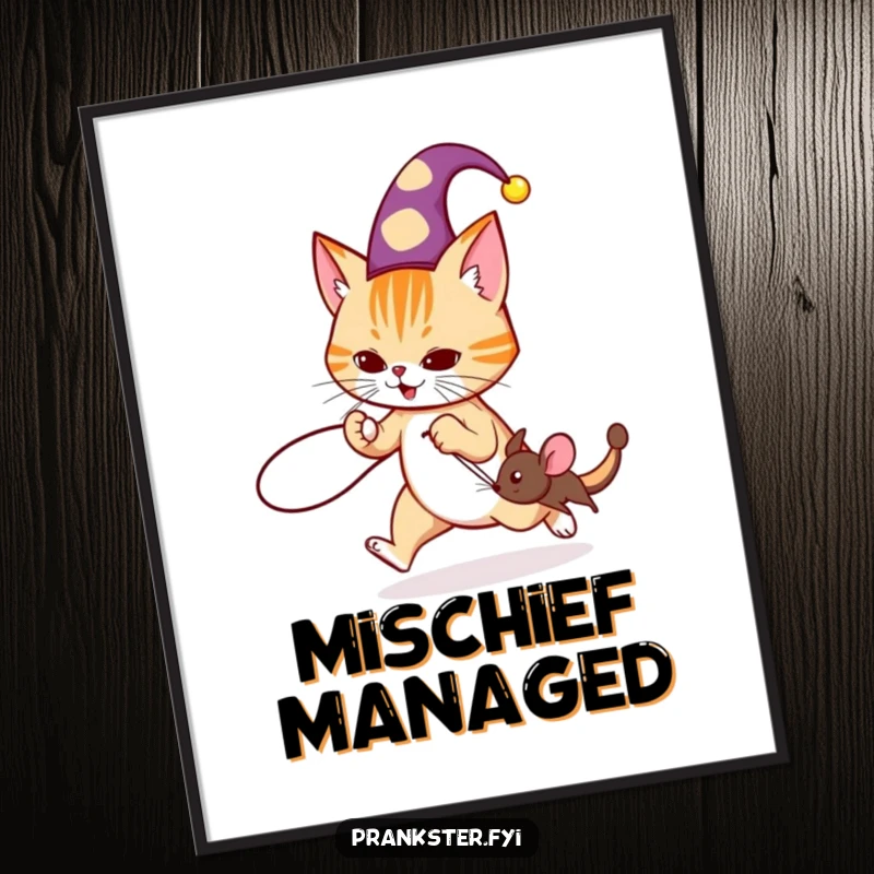 Funny jester cat digital art print of a cat in a hat tripping a mouse with a string, ready for download.