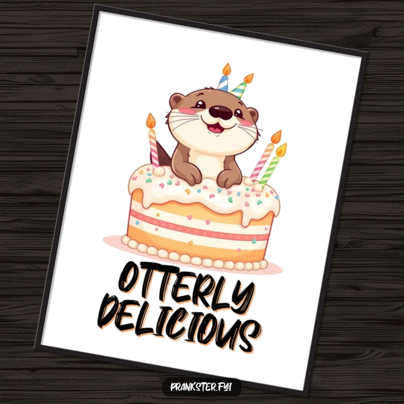 Funny digital art print of a giggling otter popping out of a birthday cake, ready for instant download and printing.
