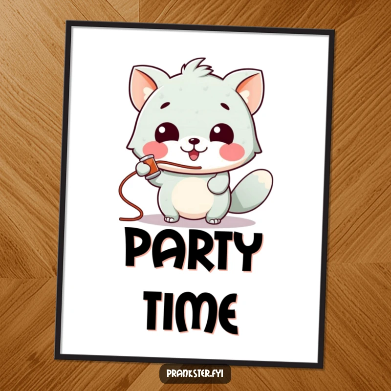 Funny digital art print of a gleeful animal character spraying silly string, creating a vibrant and playful atmosphere.