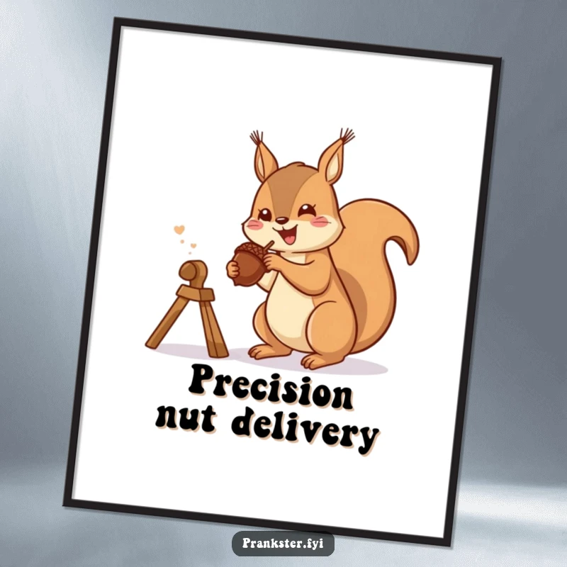 Funny digital art print of a gleeful squirrel launching an acorn from a slingshot, representing playful decor and action.