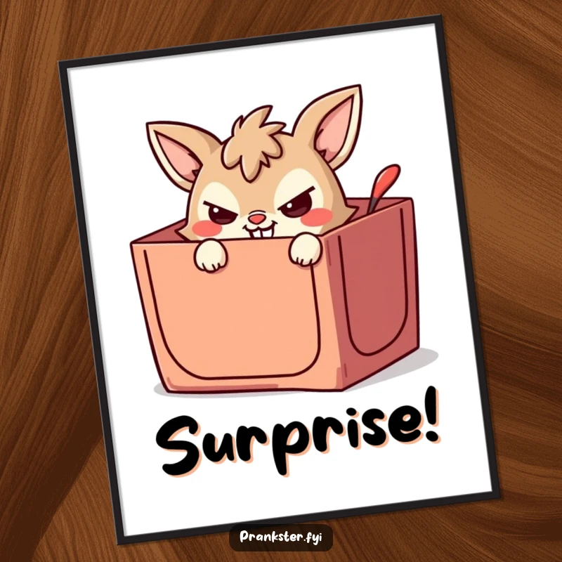 Funny digital art print of a mischievous animal character peeking from a jack-in-the-box with a wicked grin, ready to surprise.