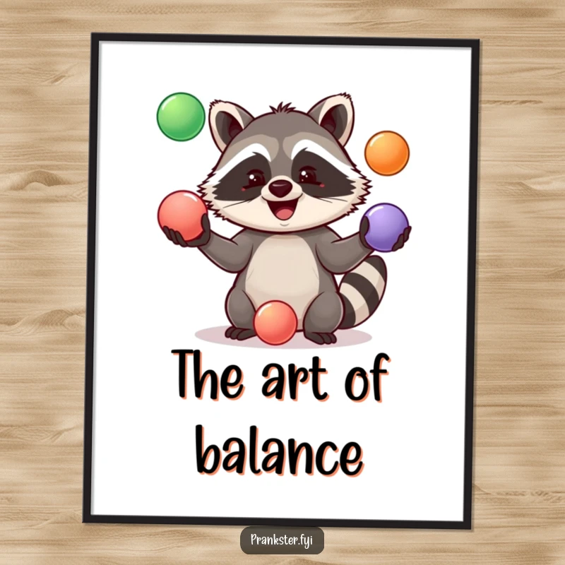 Funny Digital Art Print of a jolly raccoon enthusiastically juggling three colorful balls, capturing a moment of pure joy.