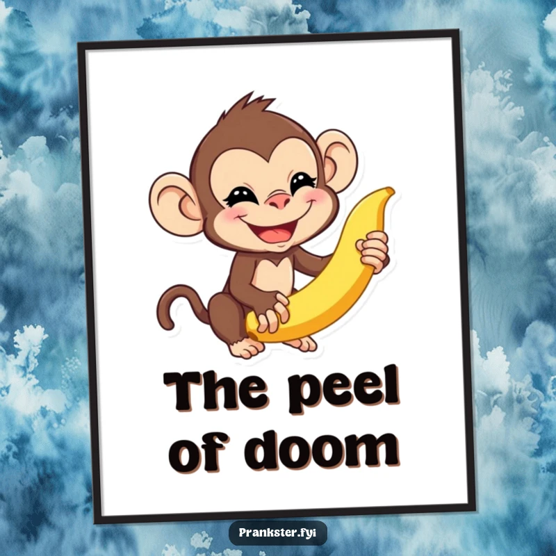 Funny monkey digital art print of a mischievous monkey about to flick a banana peel, symbolizing playful chaos and cheeky humor.