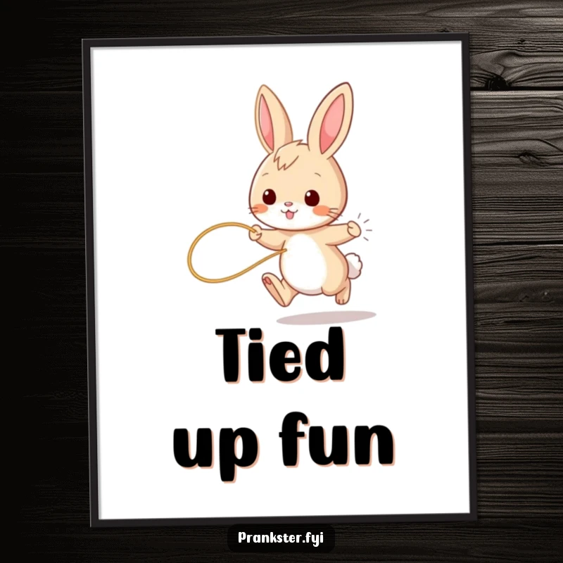 Funny bunny digital art print, playful rabbit hopping with string tied to tail, instant download for whimsical decor.