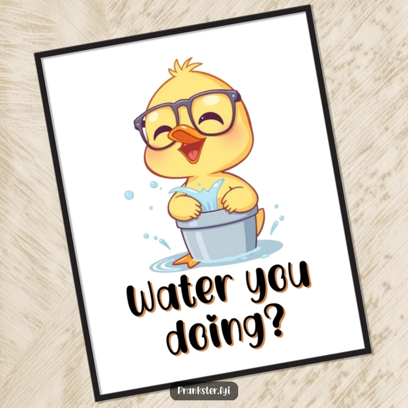 Funny giggling duckling wearing glasses, ready to splash water, humorous digital art print for instant download.