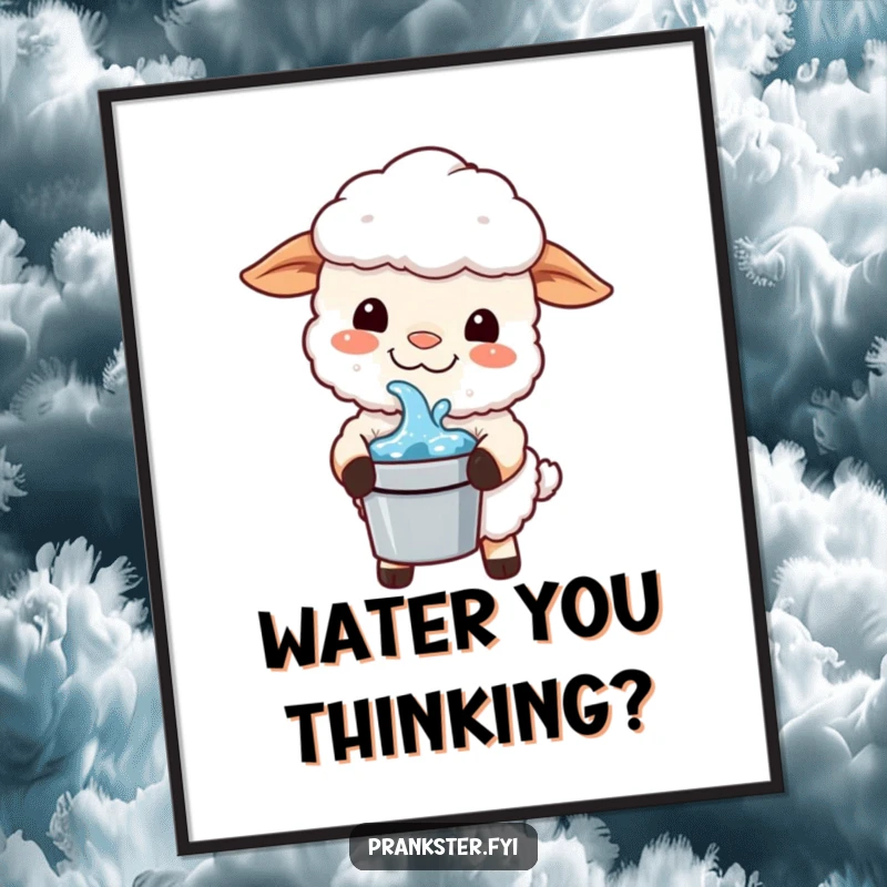 Funny Kawaii Sheep Digital Art: A sheep with a mischievous grin holds a bucket of water, full of playful, humorous energy.