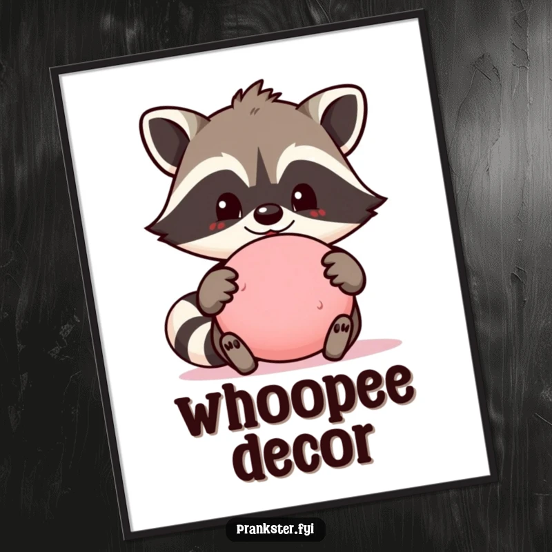Funny digital art print of a proud raccoon character holding a whoopee cushion, embodying mischief and a readiness for hilarious pranks.