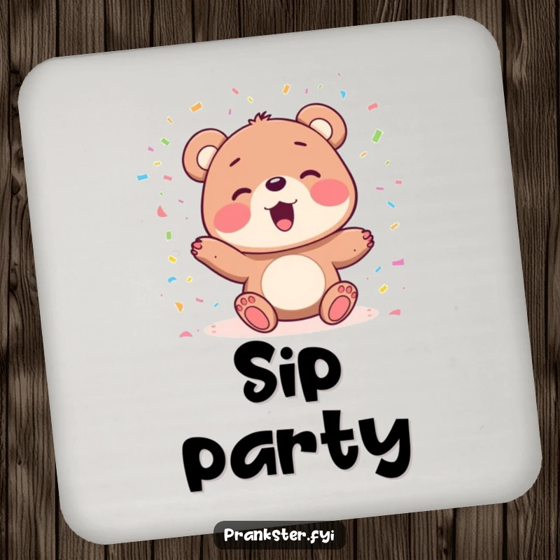 Funny drink coaster with a delighted bear character joyfully tossing confetti, adding festive cheer to surfaces.
