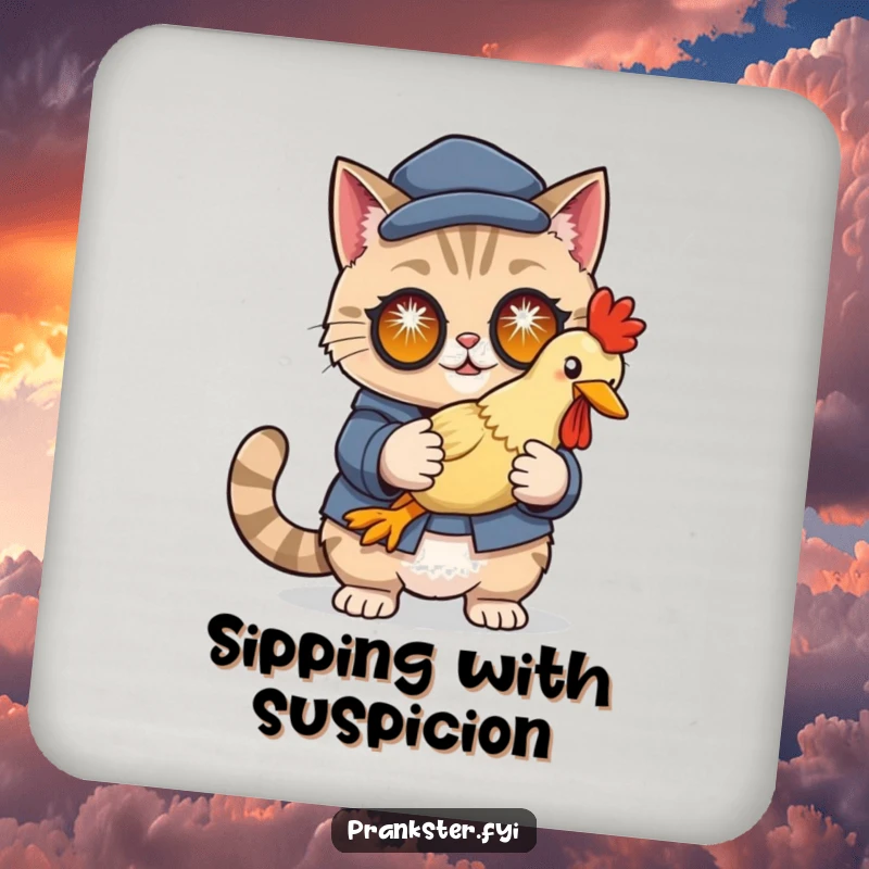 Funny drink coaster set featuring a cunning cat in disguise holding a rubber chicken with sparkling eyes, adding humor.