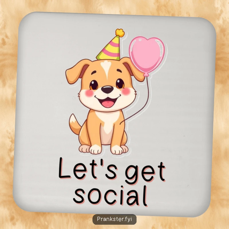 Funny drink coasters featuring a cheerful dog in a party hat with a balloon, adding festive flair to beverage service.
