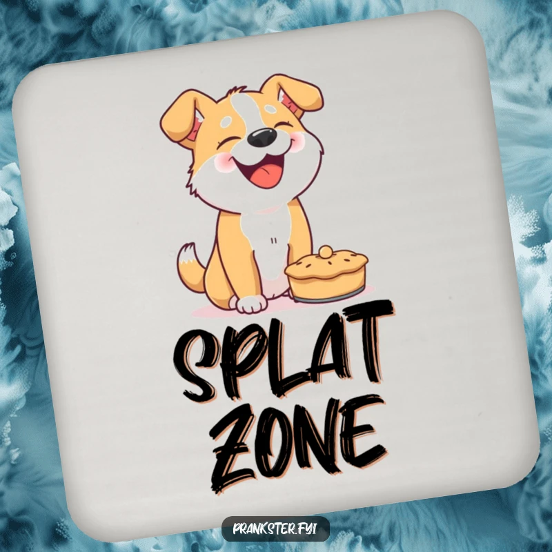 Funny dog coaster, giggling dog with a pie, protecting surfaces with humor, perfect for drinks.