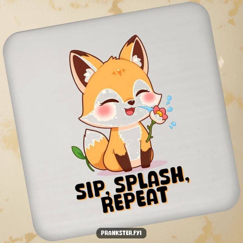 Funny fox drink coasters featuring a giggling character winking and squirting water from a flower, protecting surfaces playfully.