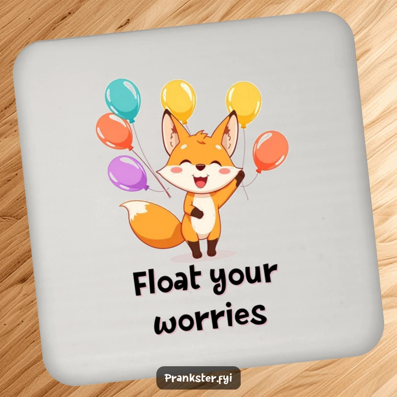 Funny drink coaster featuring a happy fox character juggling balloons, adding humorous and festive surface protection.