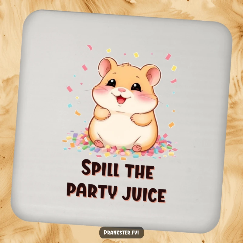 Funny Coaster featuring a giggling hamster in a confetti shower, adding a touch of amusing protection to any surface.