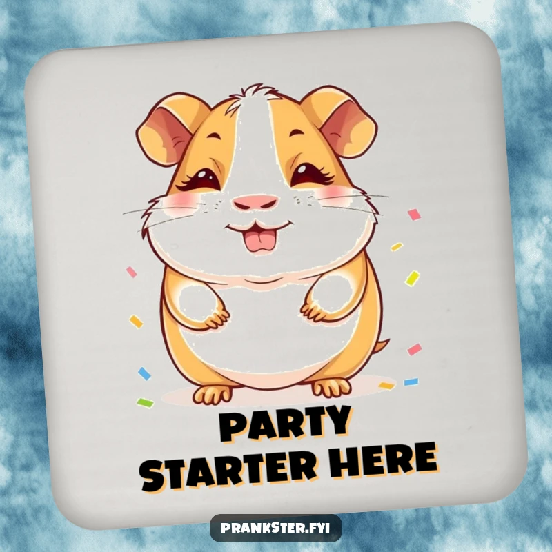 Funny Guinea Pig Coasters: A cheerful guinea pig with a sly grin, hiding a surprise of confetti behind its back.