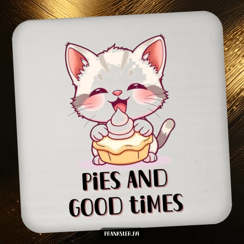Funny coaster with a giggling kitten tossing a cream pie, a small and humorous addition to tabletops.