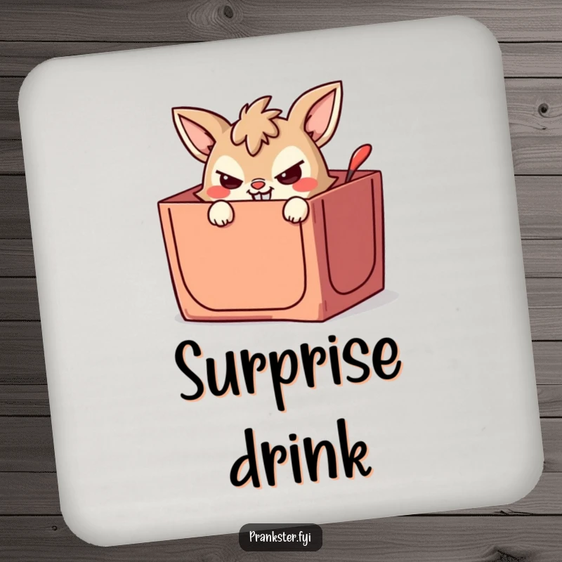 Funny drink coasters featuring a mischievous animal character peeking from a jack-in-the-box with a playful, wicked grin.