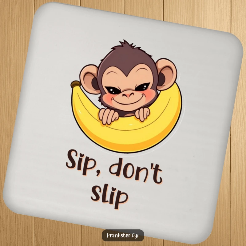 Mischievous monkey peeking behind a giant banana peel with a sly grin, on a protective and funny drink coaster.