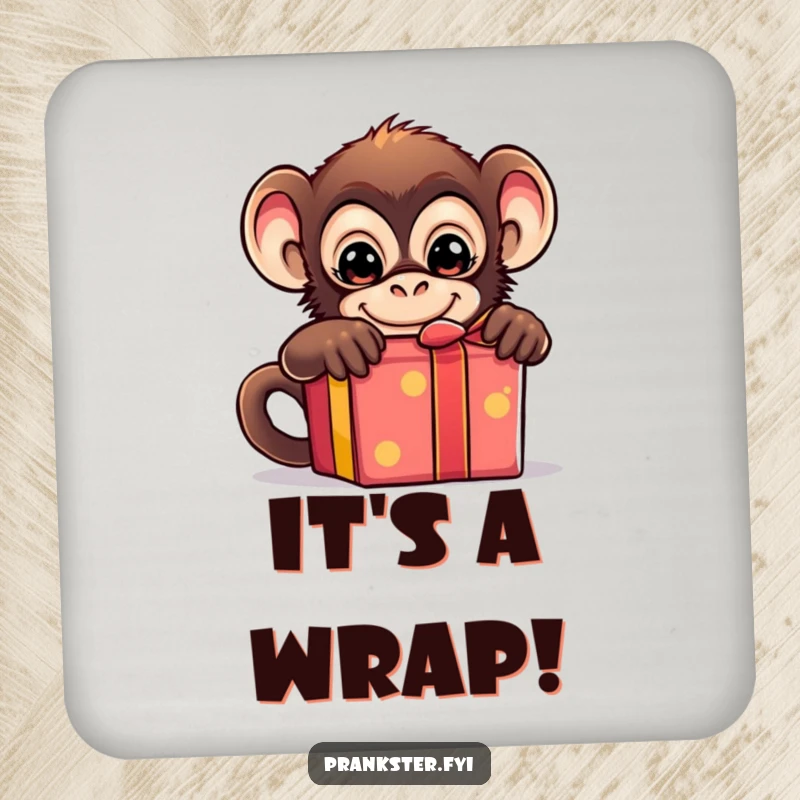 Funny drink coasters featuring a mischievous monkey hiding behind a gift box, adding a humorous touch to beverage service.