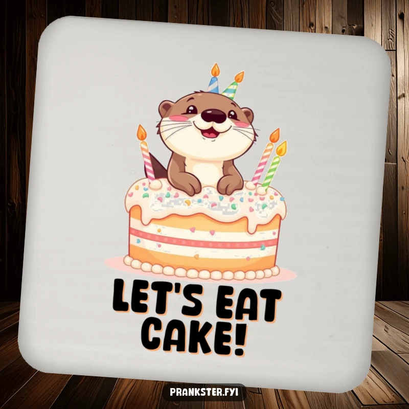 Funny drink coasters featuring a giggling otter popping out of a birthday cake, adding a cheerful touch to beverage service.