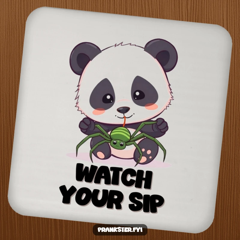 Funny drink coaster depicting a curious panda pulling a fake spider on a string. Humorous and functional.