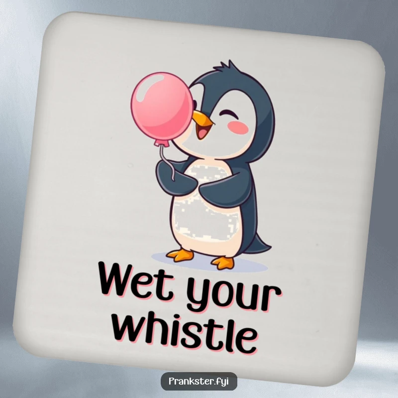Funny penguin coaster, cheerful penguin launching a water balloon, protecting surfaces with cuteness and humor.