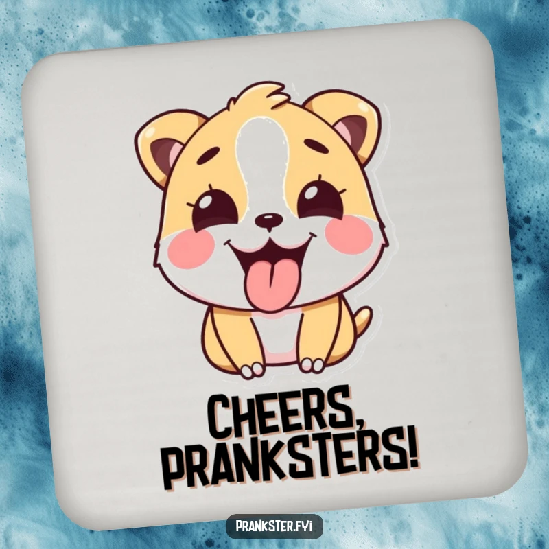 Funny Coaster with a happy animal sticking its tongue out playfully after a prank, protecting surfaces with humor, a great funny gift.