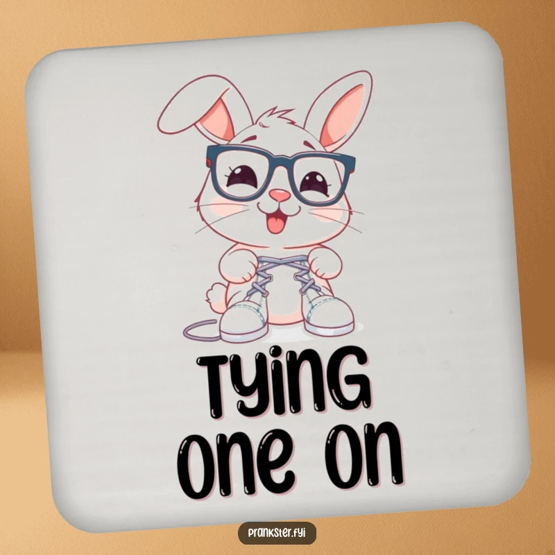 Funny rabbit drink coaster with oversized spectacles, about to tie shoelaces together, protecting furniture humorously.